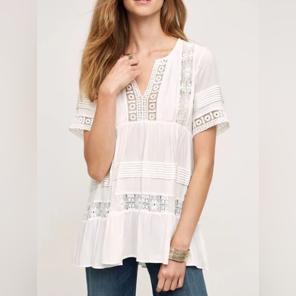 Anthropologie Maeve Tiered Lace V-Neck Tunic Blouse White Small S Crochet Boho